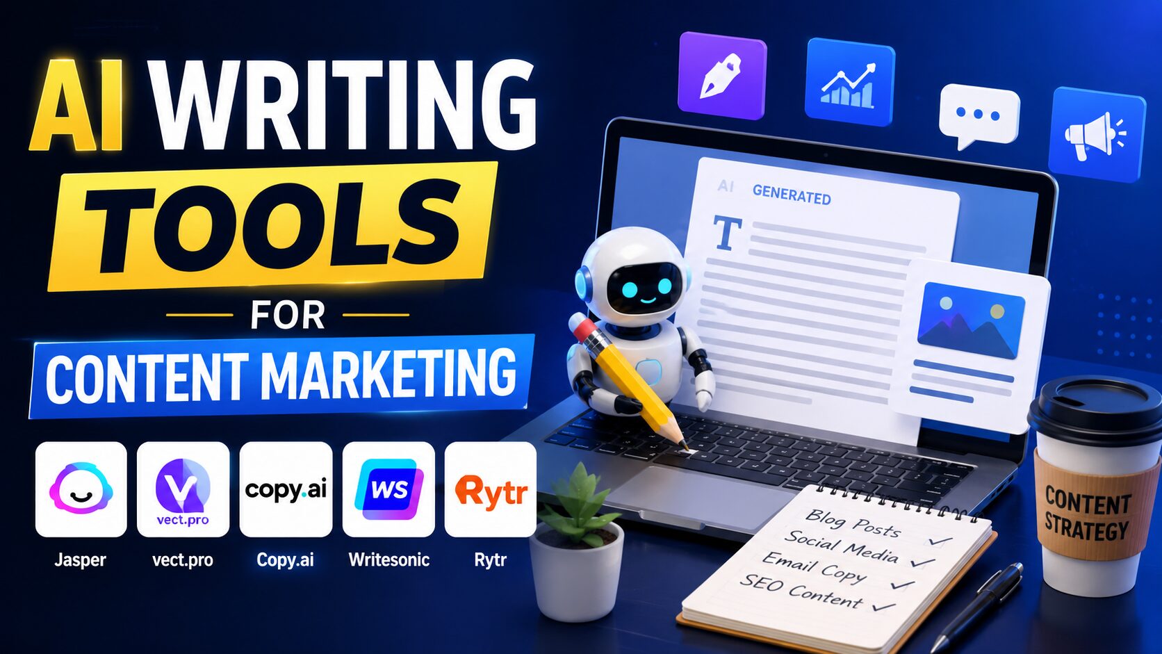 AI Writing Tools for Content Marketing featuring Jasper, Vect.pro, Copy.ai, Writesonic, and Rytr for content creation and SEO optimization